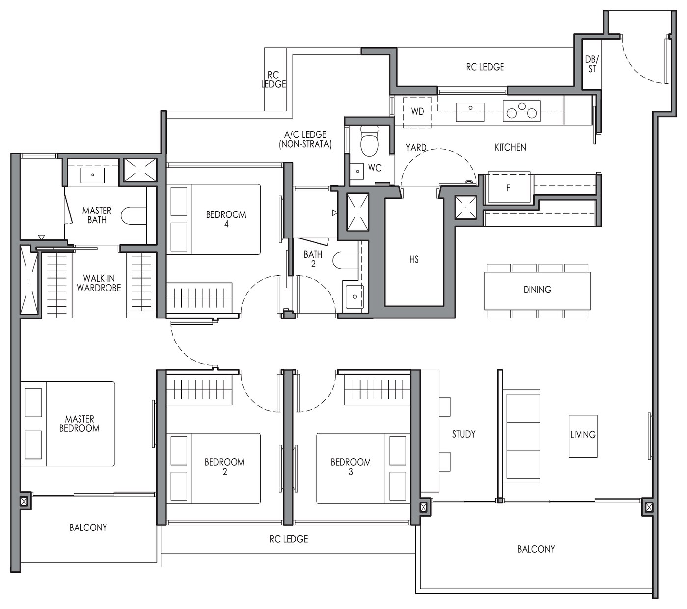 4 Bedroom Premium + Study Type DP1S floor plan — 1,345 sqft